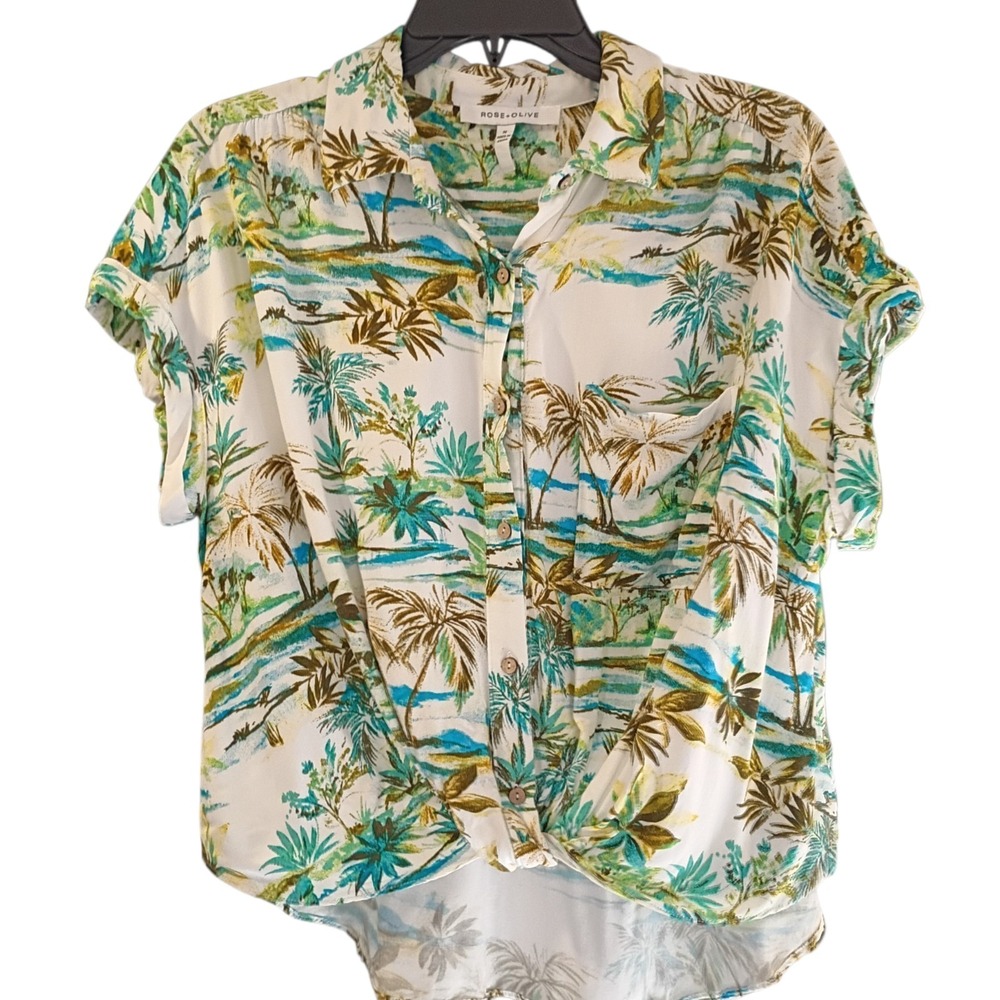 ROSE + OLIVE Palm Tree Tropical Button Up‎ Shirt Sleeve Shirt Women's Sz M Rayon